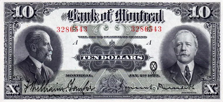 Billet de 10 dollars Bank of Montreal 1923, deux portraits, billet canadien ancien de collection