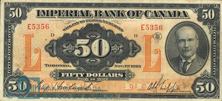 Billet de 50 dollars Imperial Bank of Canada 1923, portrait d'homme, billet canadien ancien de collection