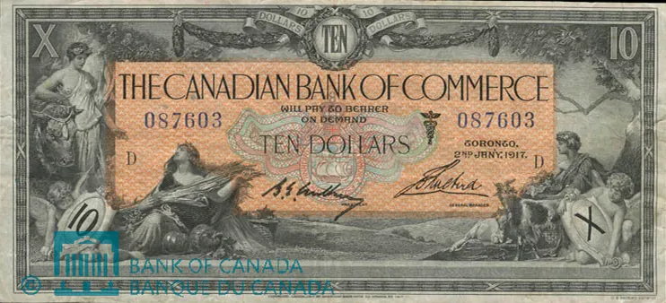 Billet de 10 dollars Canadian Bank of Commerce 1917, figures allégoriques, billet canadien ancien de collection