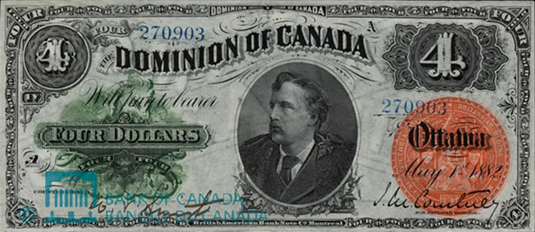 Billet de 4 dollars Dominion of Canada 1882, portrait et sceau rouge, billet canadien ancien de collection