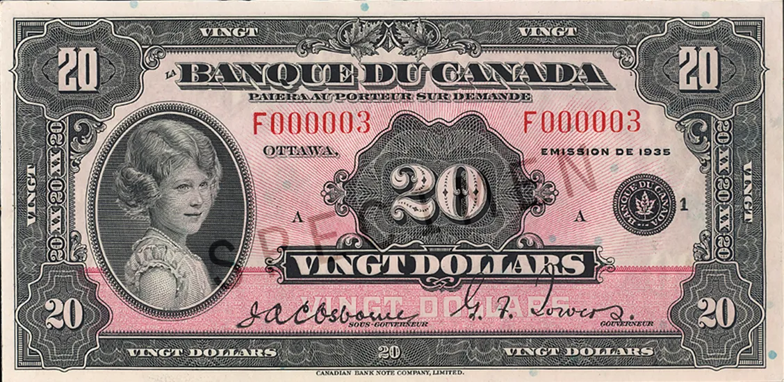 Billet de 20 dollars Banque du Canada 1935, effigie princesse Élisabeth, billet canadien ancien de collection