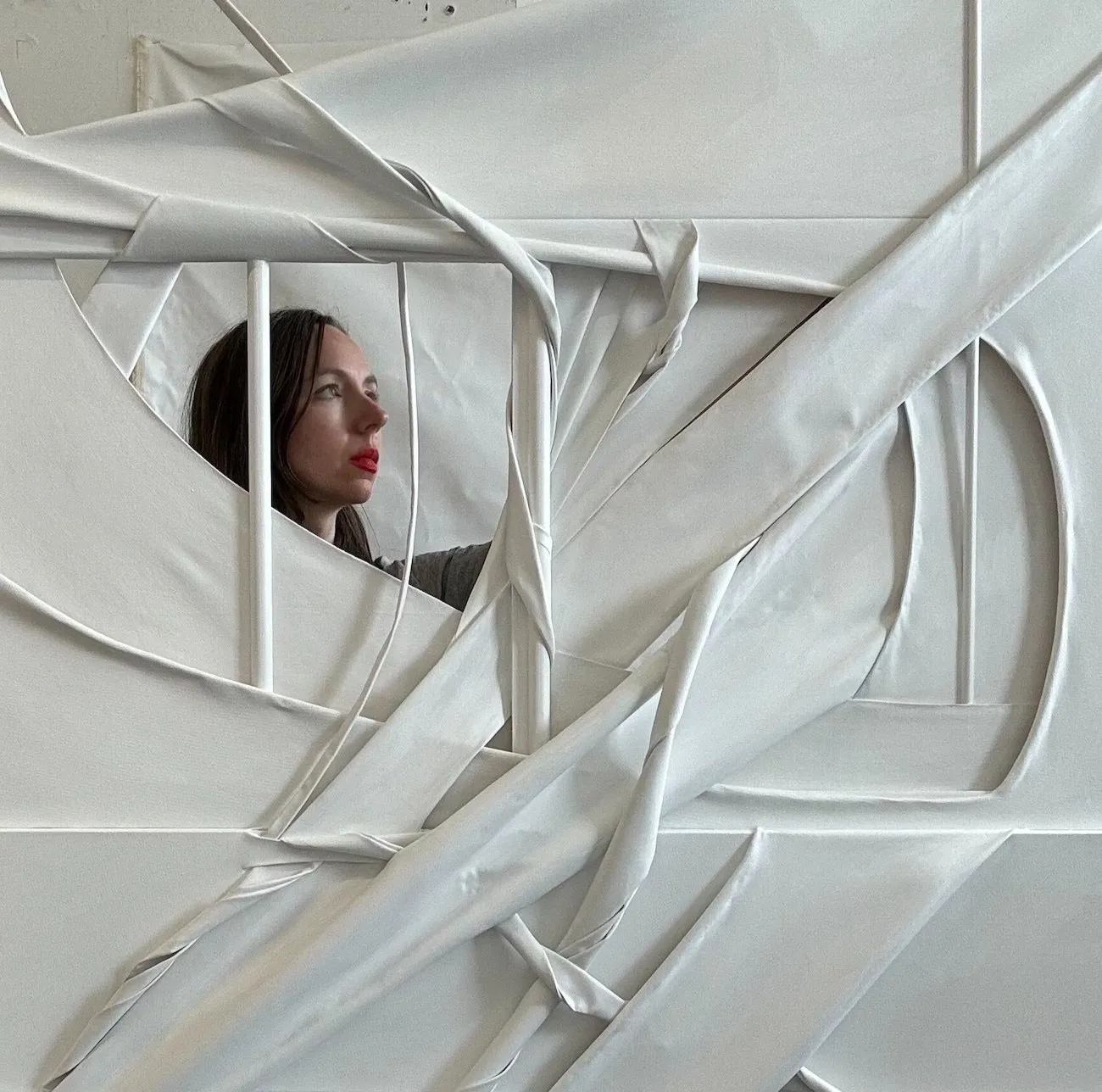 Chellis Baird studio, Christina Elia, textile artist red epilogue SLAG&RX Gallery, motherhood, domestic craft, NYC Culture Club, suspend