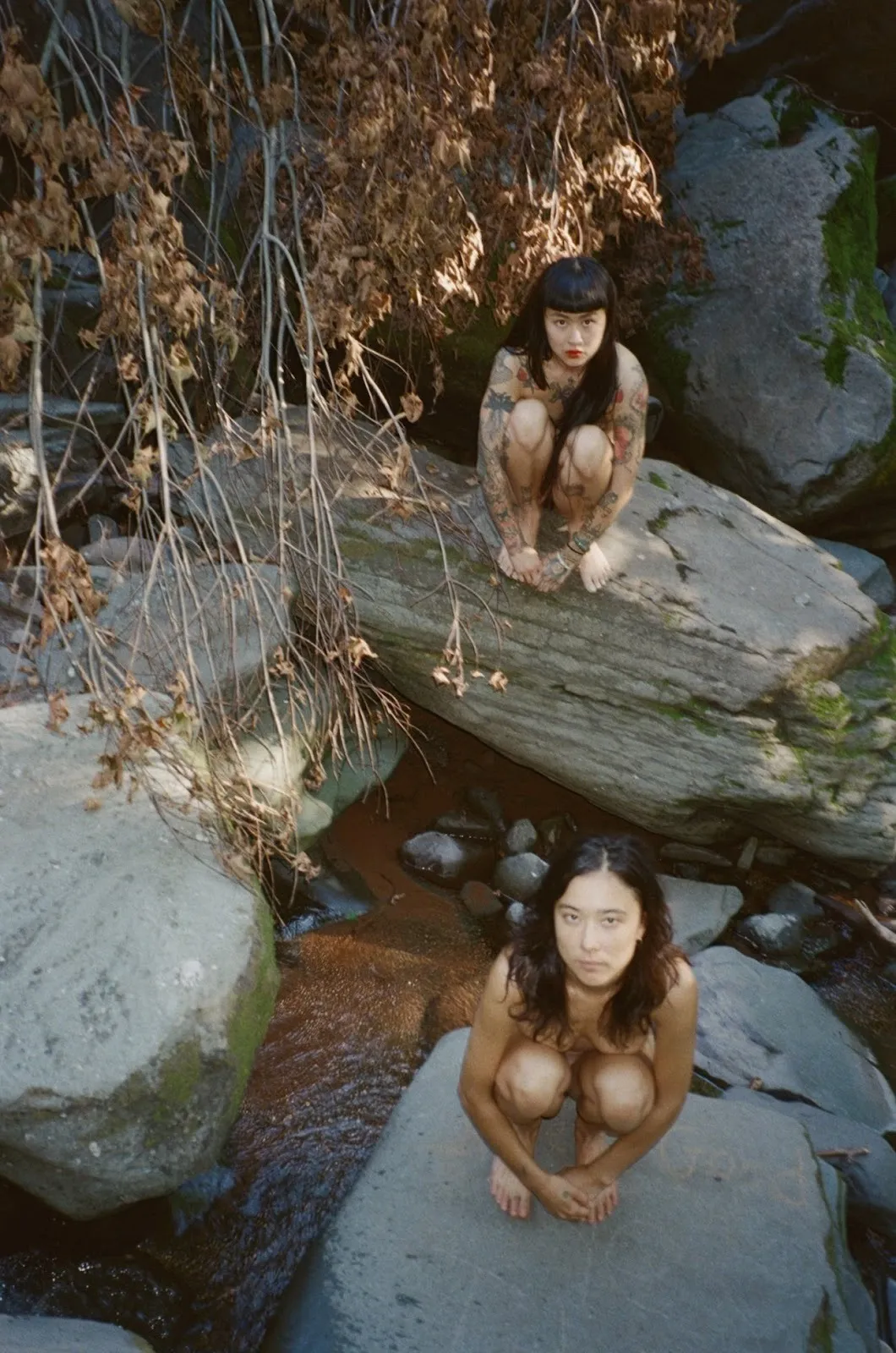 Two naked Asian women squatting on rocks with withered tree branches, Morrison Gong tricks archival pigment print.