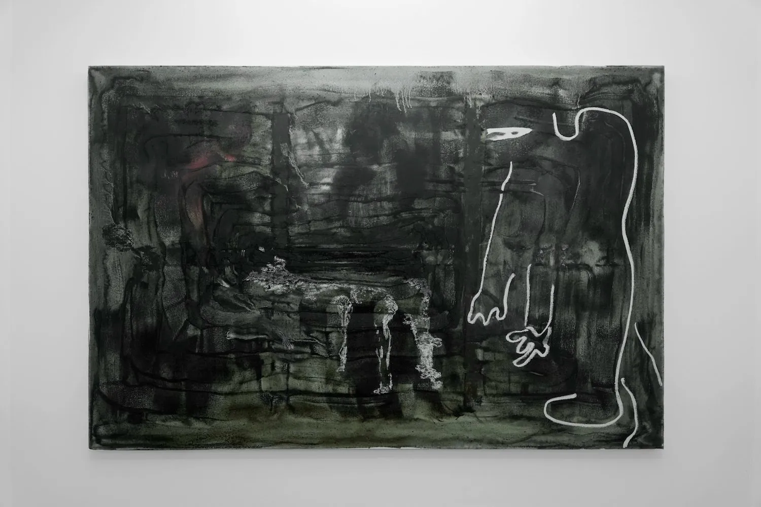 Large scale black oil painting with white ghostly figure and watery brushstrokes, Chando Ao, untitled, curated by Frank WANG Yefeng, Below Grand Gallery interface of the abyss.