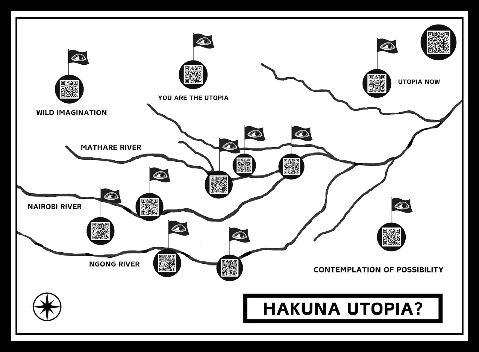 The utopia map with eyes, flags, and QR codes to mark locations of the exhibition hakuna utopia, by environmental collective kairos futura.