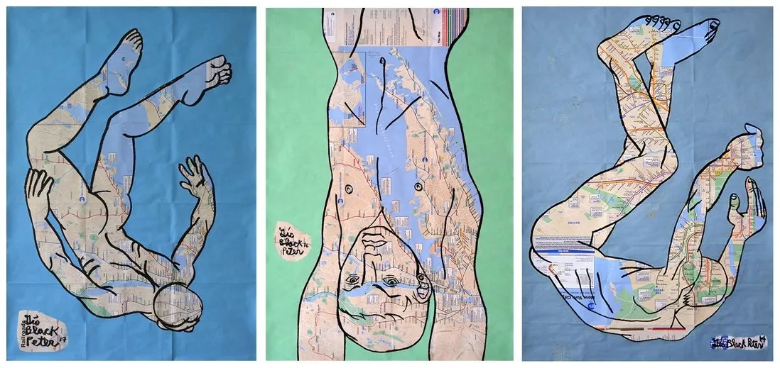 Blue and green line drawings of three naked human figures, superimposed on top of maps, free fall Swan series by queer artist Gio Black Peter.