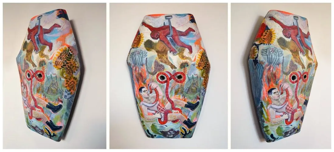 Gio Black Peter, three views of hexagon painting of red snake, flying devil, naked men wrestling mythological creature on the ground.