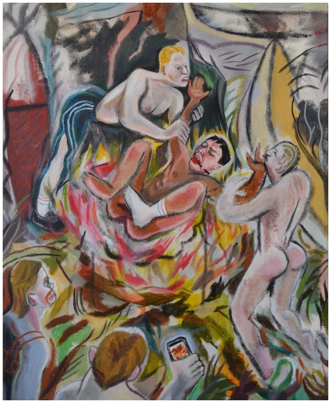 Gio Black Peter, oil and acrylic painting of two Caucasian men throwing a naked latin man into the fire, while Spectators watch and the record with a phone, Cubist painting.