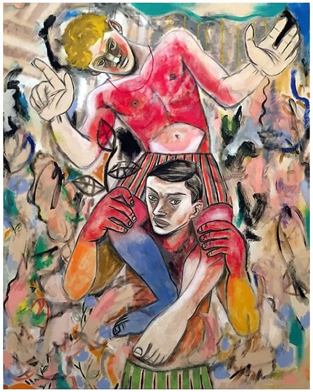 Gio Black Peter, oil and acrylic painting of naked men sitting on the shoulder of another man,