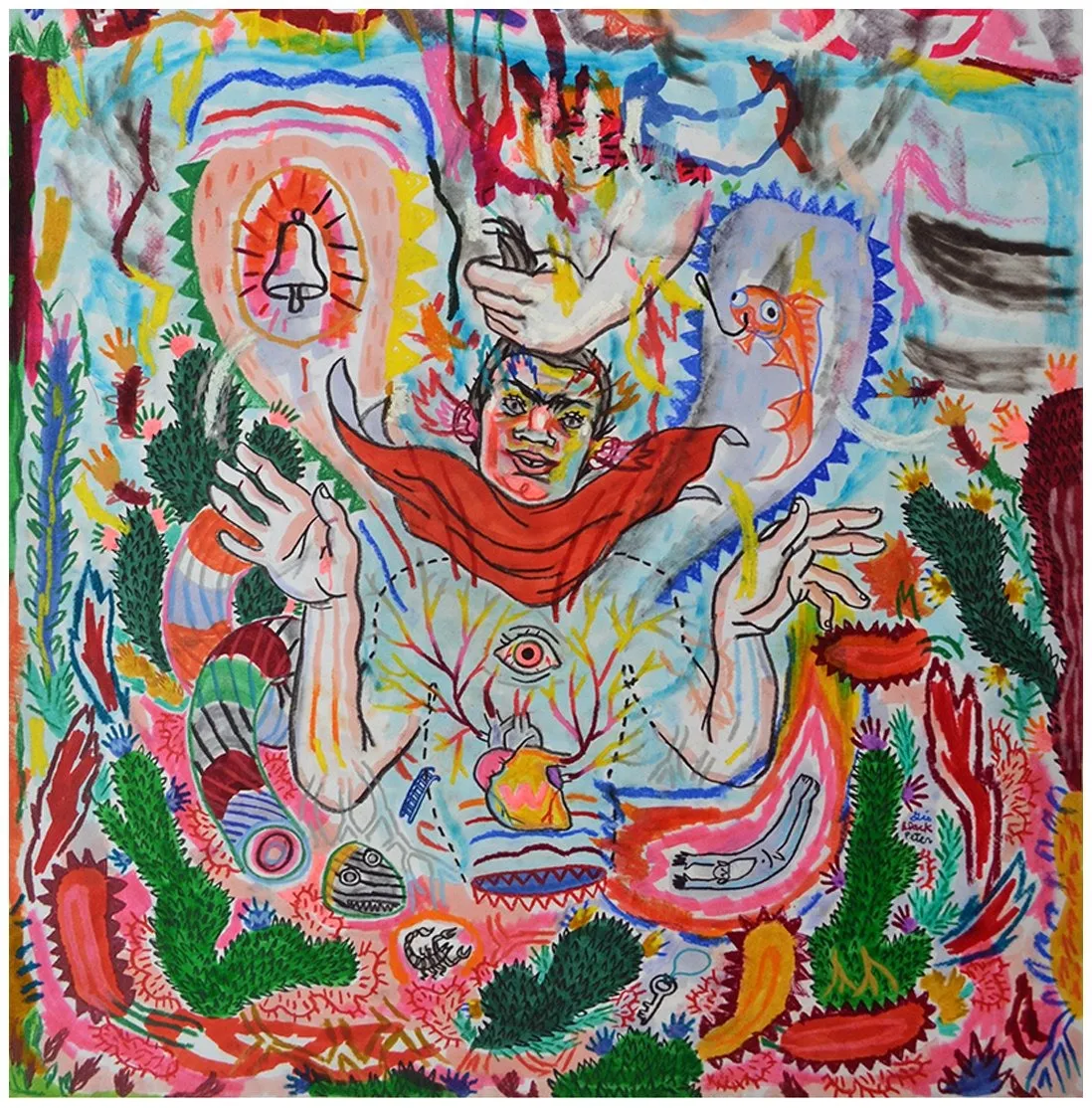 Gio Black Peter, red and blue multimedia drawing of hand holding decapitated mythological head on top of red scarf and evil eye, organs floating around in cosmic map.