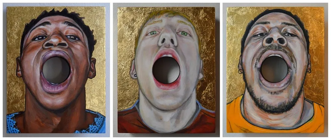 Gio Black Peter, three paintings of black Caucasian and Latin men facing directly at the viewer with mouth wide open, communion series.