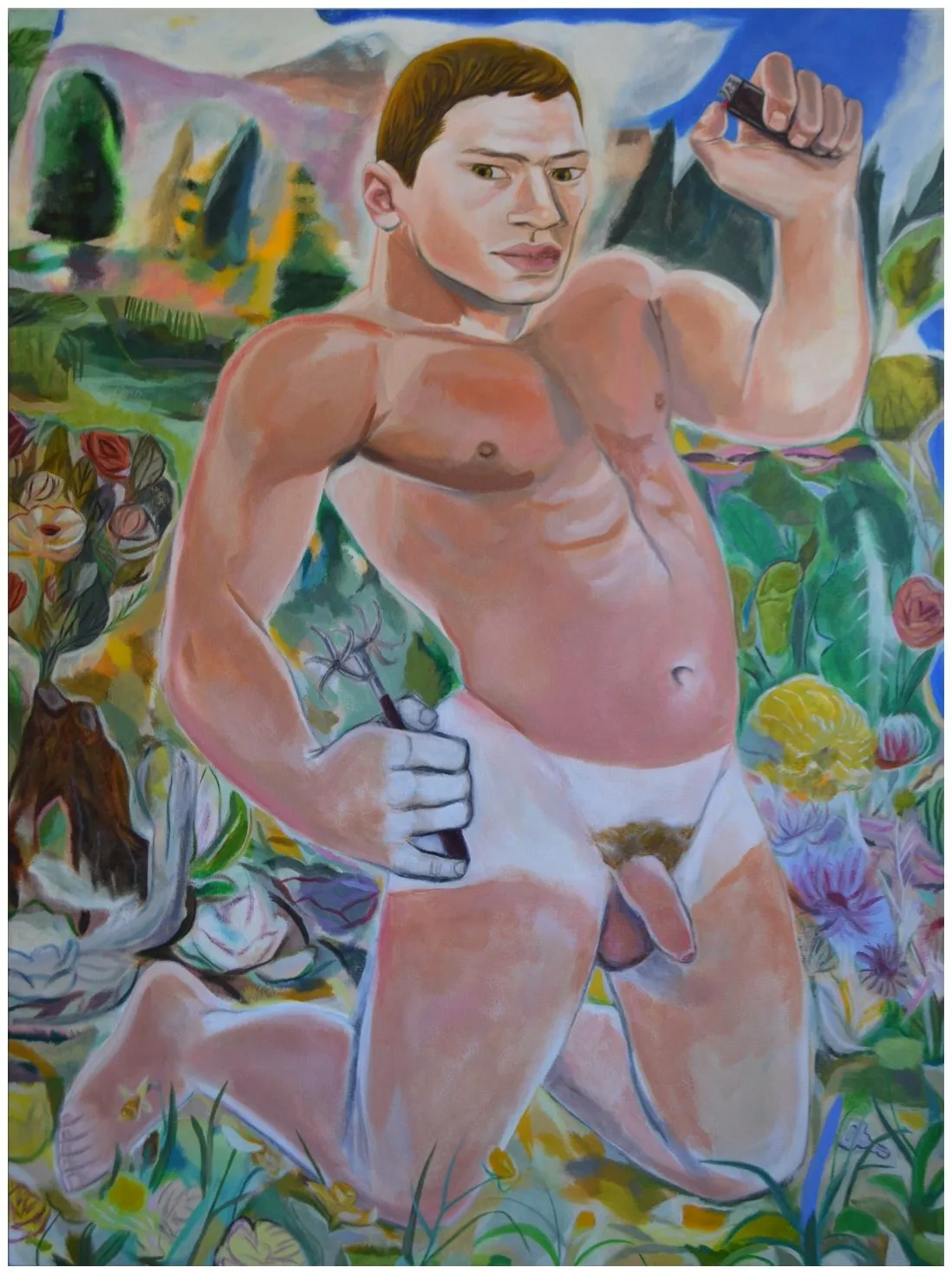 Gio Black Peter, or an acrylic colorful painting of naked man exposing his genitals and holding a fire lighter flower and mountains in the background.