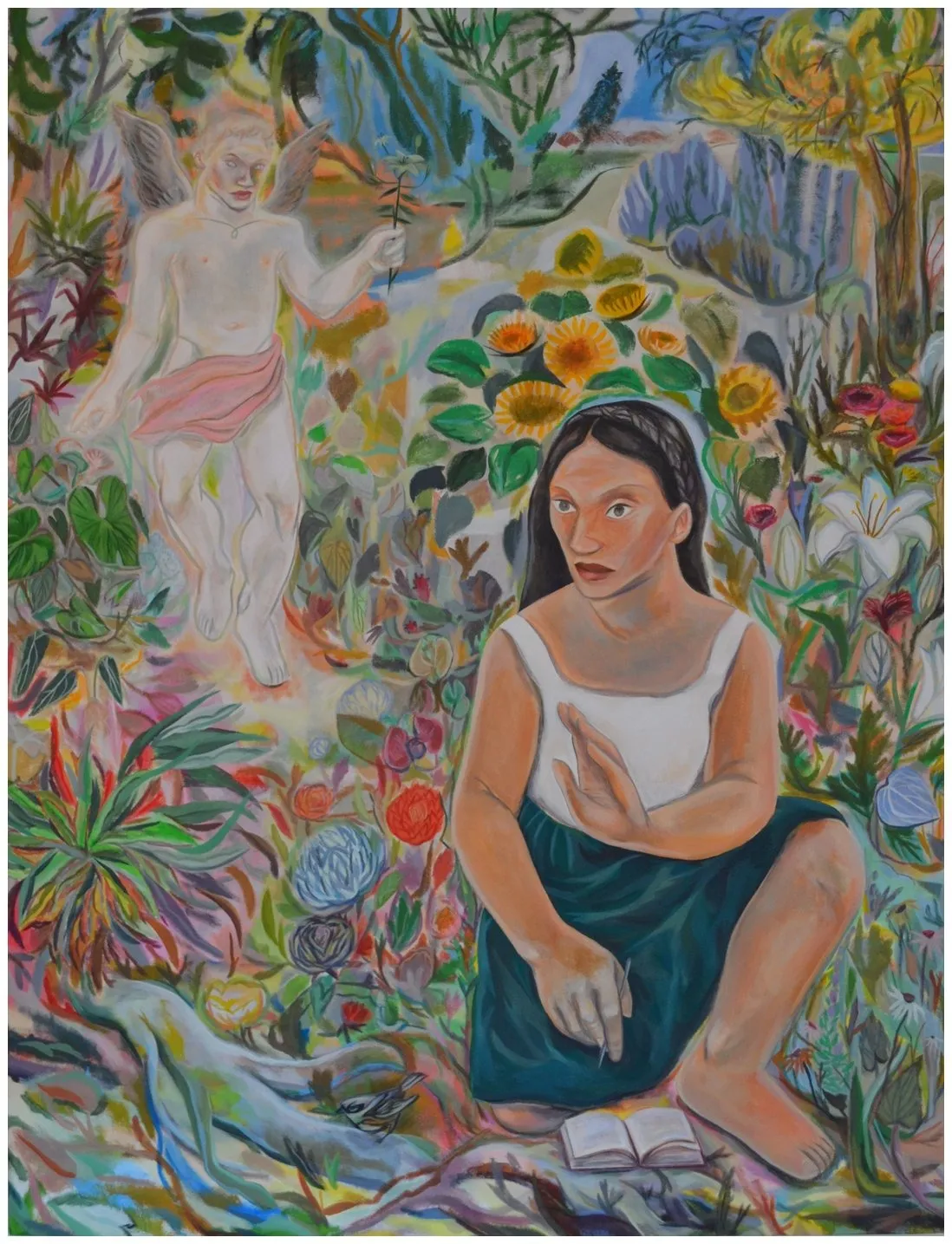 Gio Black Peter, Guatemala style acrylic painting, with colorful flowers in the garden background, Caucasian angel holding mythical plant coming up close to indigenous woman taking notes in the foreground.