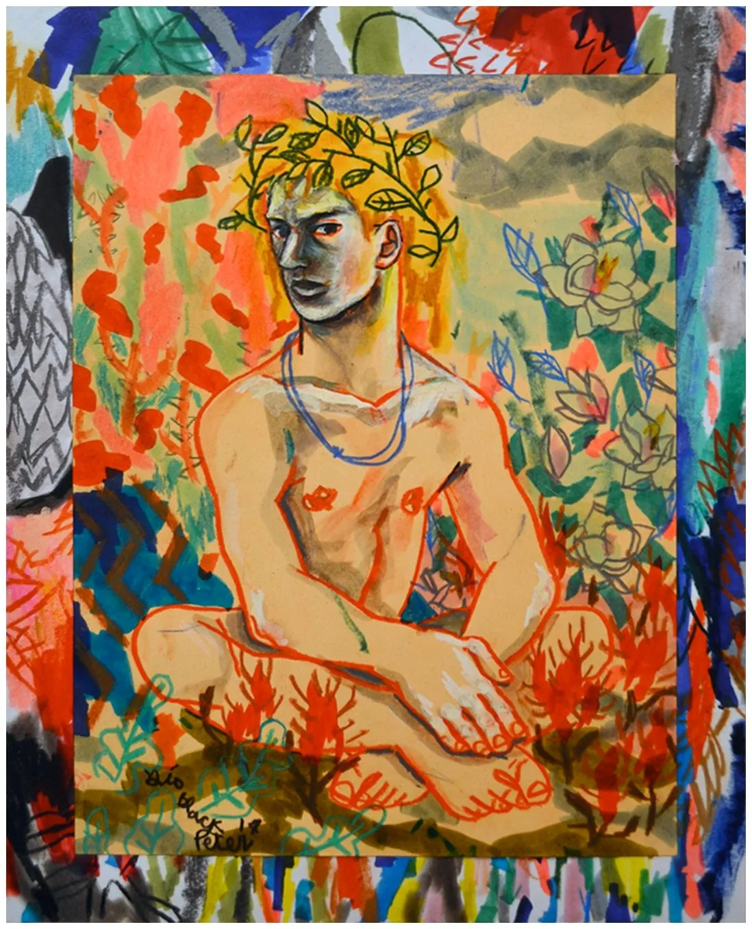 Gio Black Peter, chronic insomnia Garden date, red line drawing of naked men sitting among plants wearing Laurel headdress, primitive Gauguin, Guatemala Maya influence.