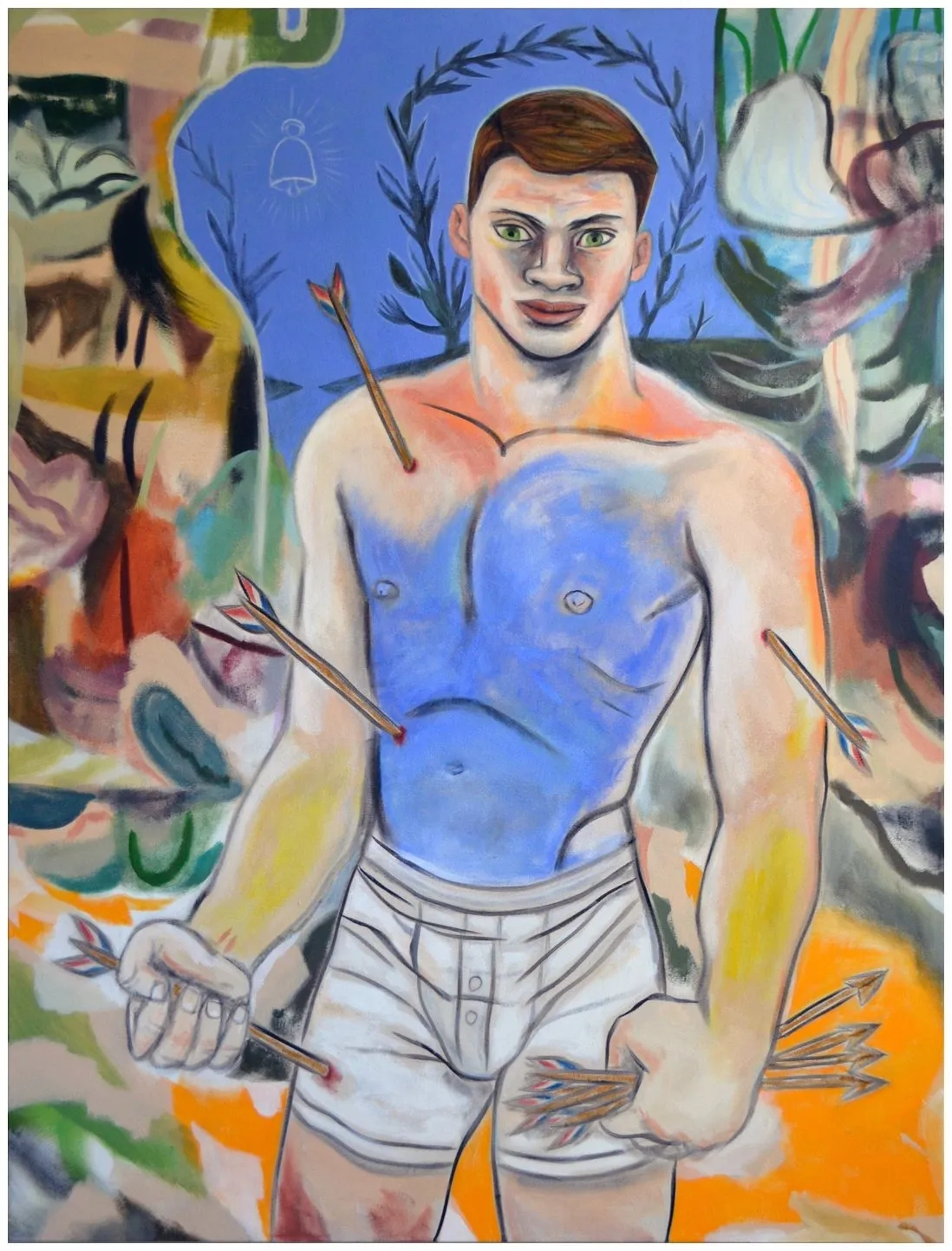 Gio Black Peter, acrylic and oil painting, he feeds wolves with his hands, naked men with white boxer confronting the viewer with body painted partially blue and wounded by arrows, the protagonist is holding arrows in his hand, personal mythology.