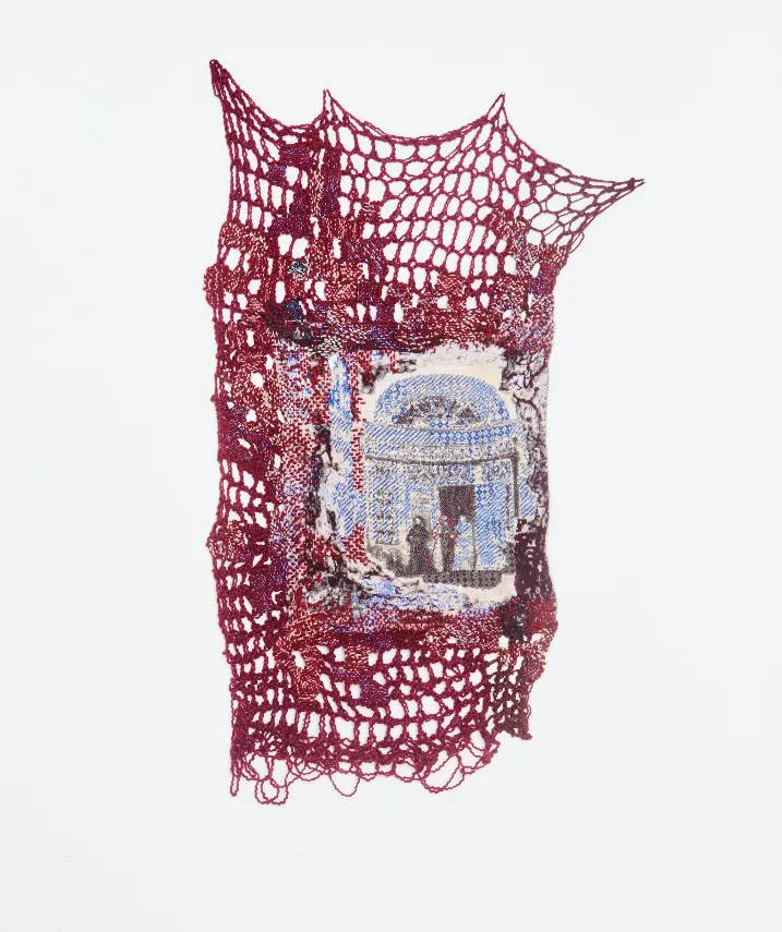 Red knitted net textile fiber art with embedded blue photographic image, human figures with architectural detail, cornerstone Maris Van Vlack, Time Warp solo exhibition at Superhouse, New York.