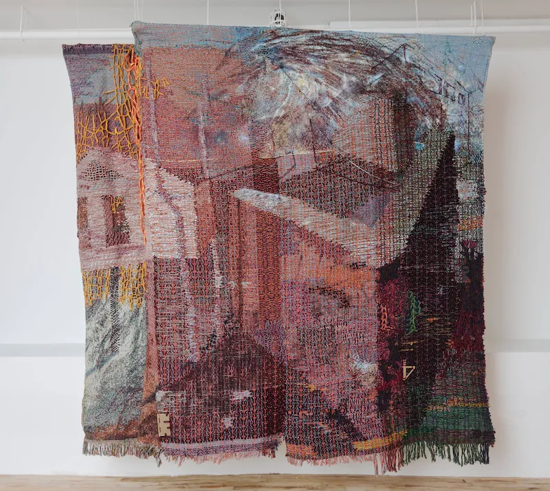 Orange and blue knitted net textile fiber art with embedded blue photographic image, titled Storm Dispersing, archival photographic reference with architectural detail, cornerstone Maris Van Vlack, Time Warp solo exhibition at Superhouse, New York.