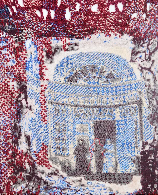 Detail of red knitted net textile fiber art with embedded blue photographic image, human figures with architectural detail, cornerstone Maris Van Vlack, Time Warp solo exhibition at Superhouse, New York.