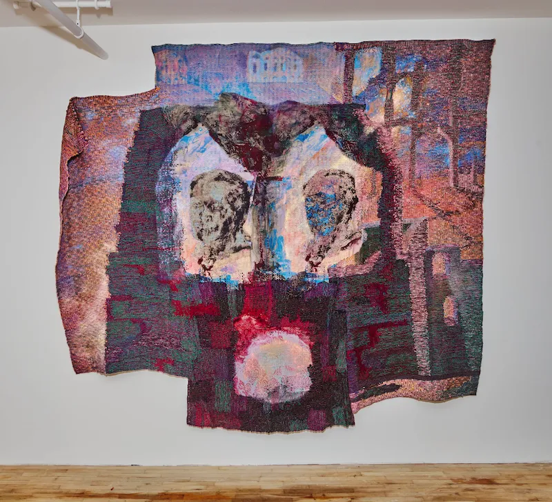 Orange and blue knitted net textile fiber art with embedded blue photographic image, titled Facade, human figures photographic detail like a family tree, cornerstone Maris Van Vlack, Time Warp solo exhibition at Superhouse, New York.