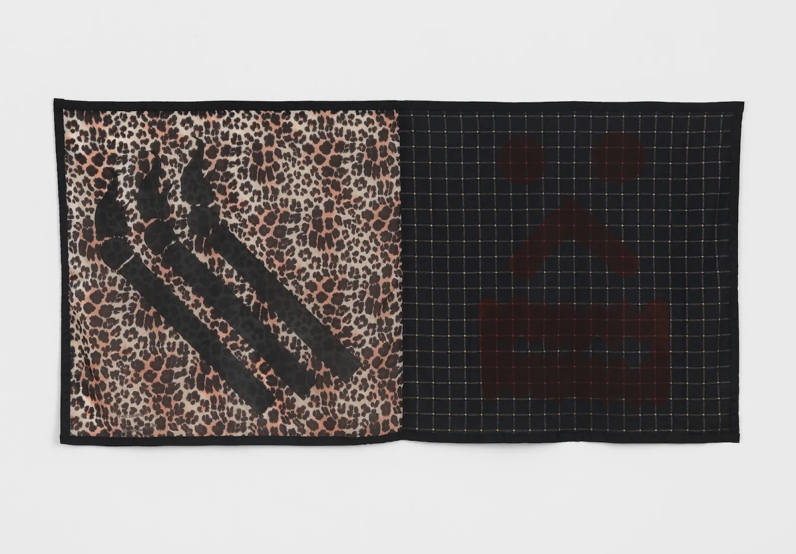 Cheetah silkscreen printed square textile next to Black checker Square, three matches and death pictogram on fabric art, DNA icons Tina Girouard Magenta Plains Gallery exhibition.