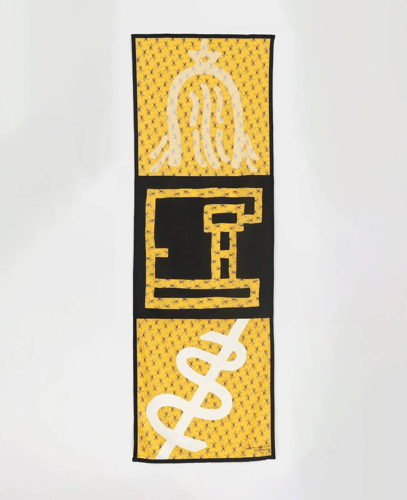 Three textile squares with silk screen printed pictograms for Swamp House conflicting evidence, Tina Girouard Galleria exhibition fabric Workshop Magenta Plains.