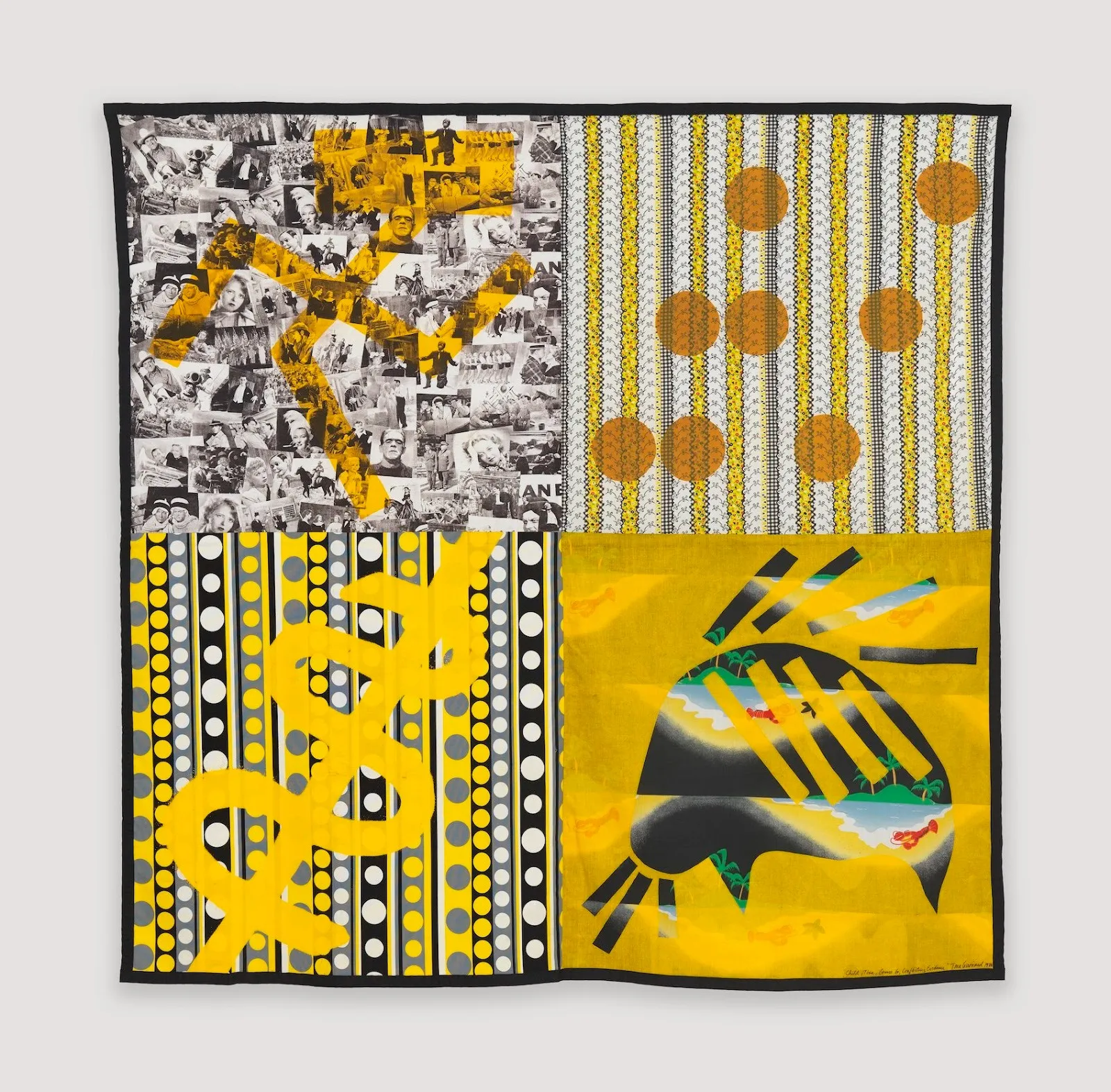 Four square textiles with commercial prints and silkscreen printed pictogram, child Tina gonna go conflicting evidence fabric Workshop DNA icons gallery exhibition Magenta Plains.