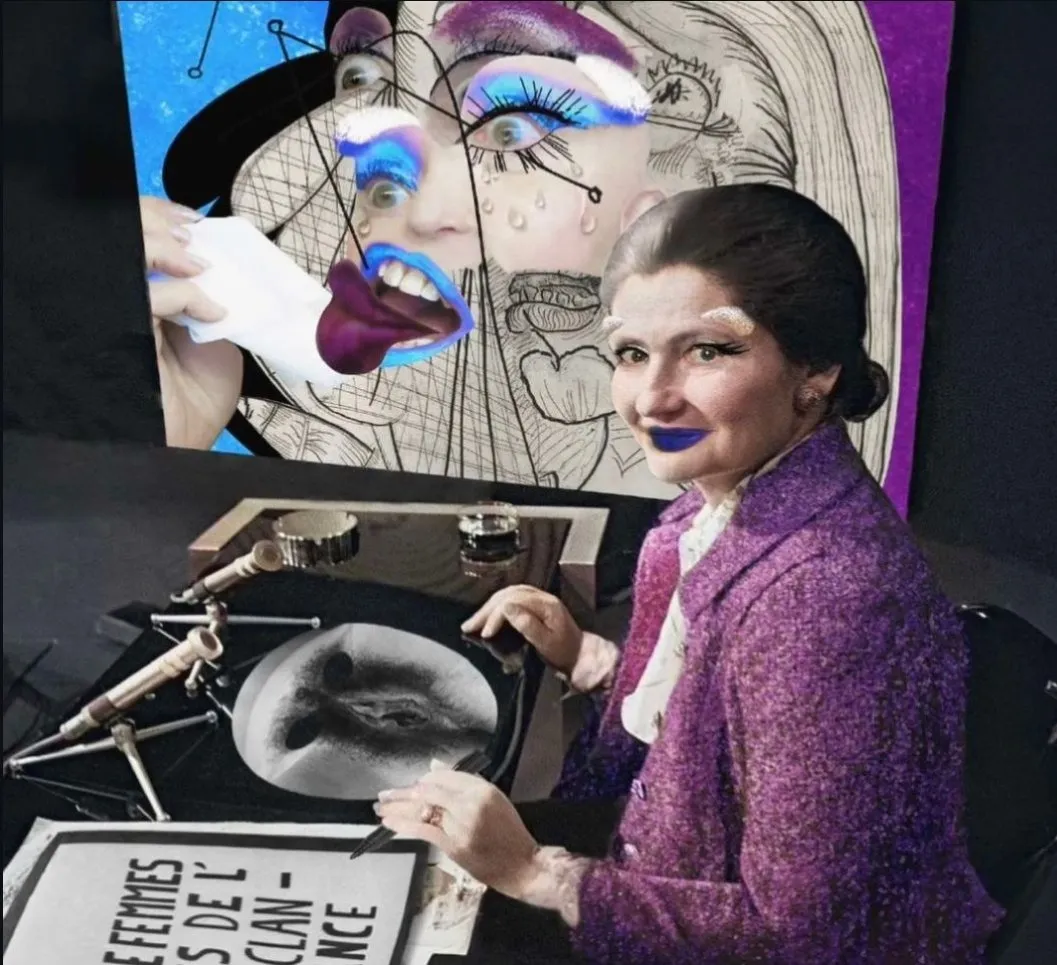 Photo of woman with antler plastic surgery implants signing books with vagina-printed mask in front of surreal photo collage, ORLAN, clairvoyant.