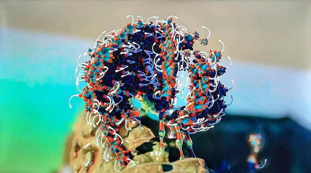 Computer generated cell-like organism with tentacles and blue and red dots, randomica polipoda by Petros lales, interactive digital application screenshot.