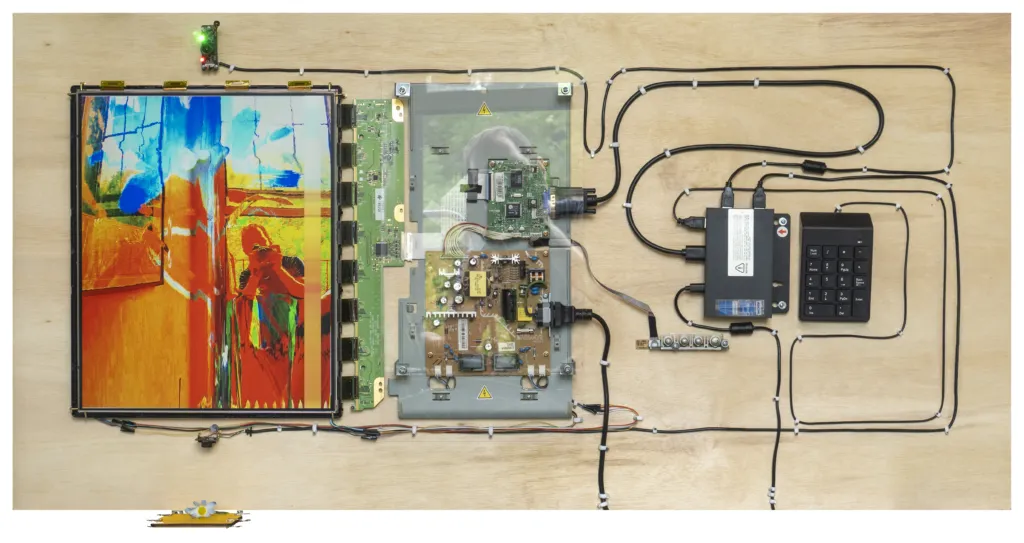 Wood board with computer hardware attachments as interactive artwork, two cameras projecting small flower and viewer's picture, Petros Lales, Eyes in Collision. Mobile digital installation.