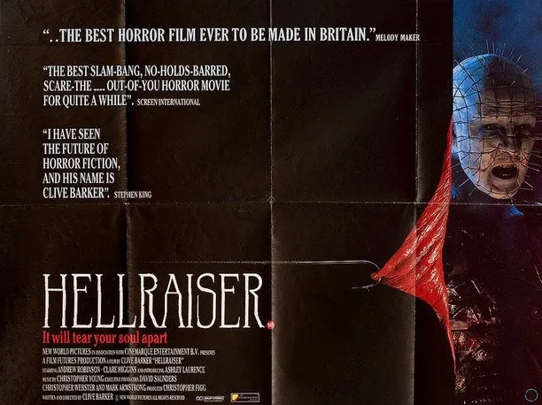 Promotional poster for horror movie Hellraiser by Clive Barker, featuring zombie like figure with white stitched mask.