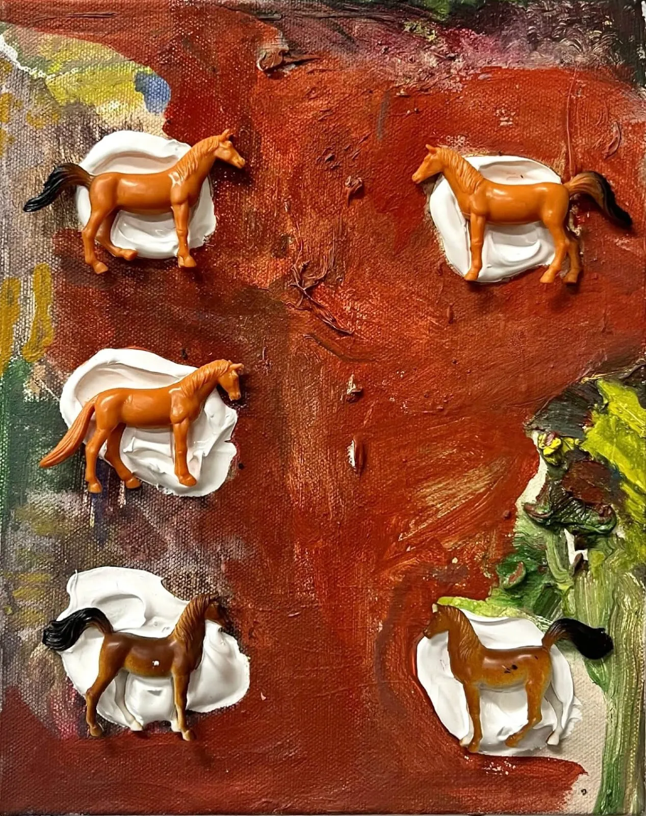 b chehayeb, no boy horses, five plastic horses stuck to brick red oil painting with white acrylic paint.