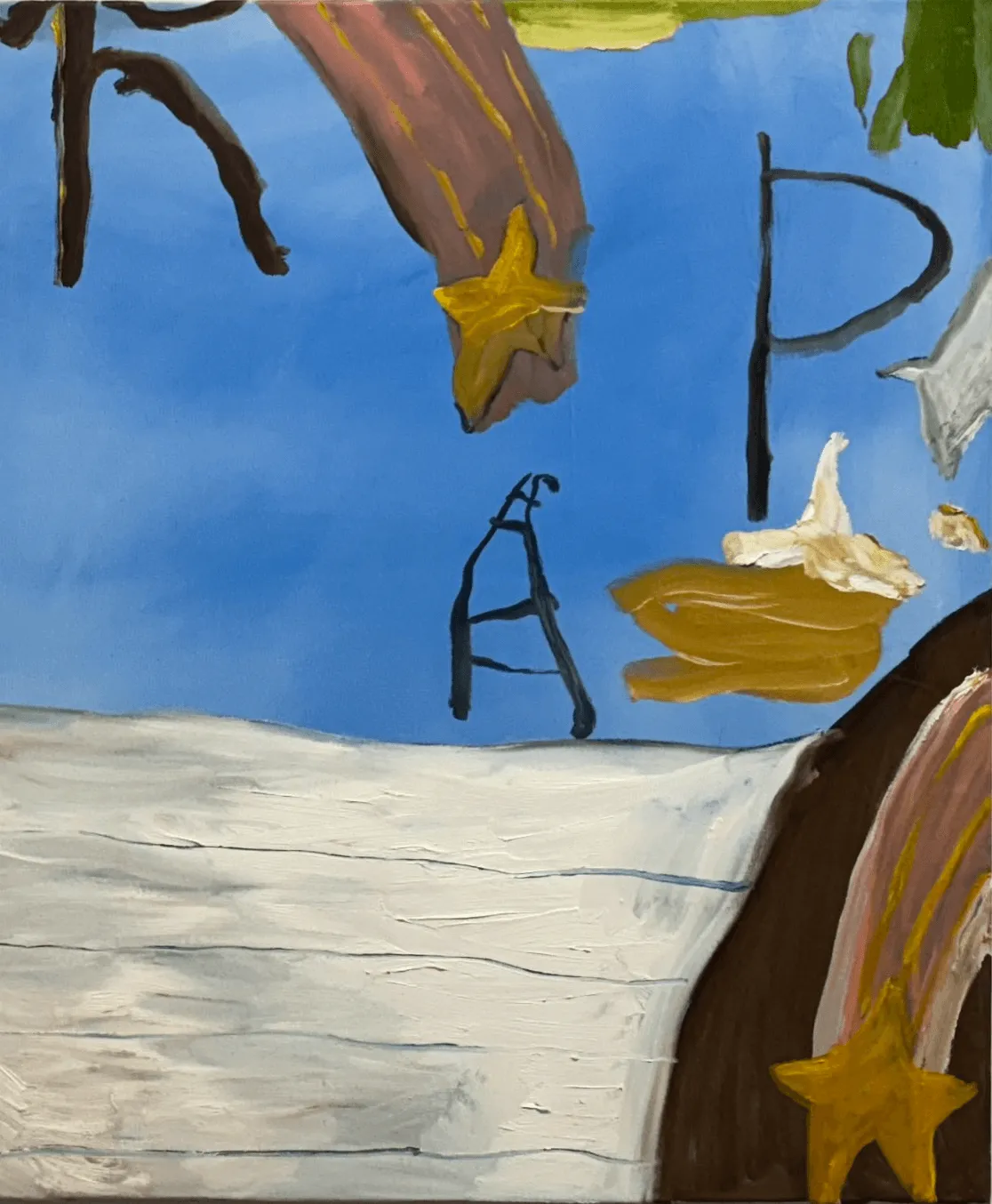 Gray and blue abstract oil painting with letter ladder motifs and stars at the end of road shapes, b chehayeb, portion of work in progress.