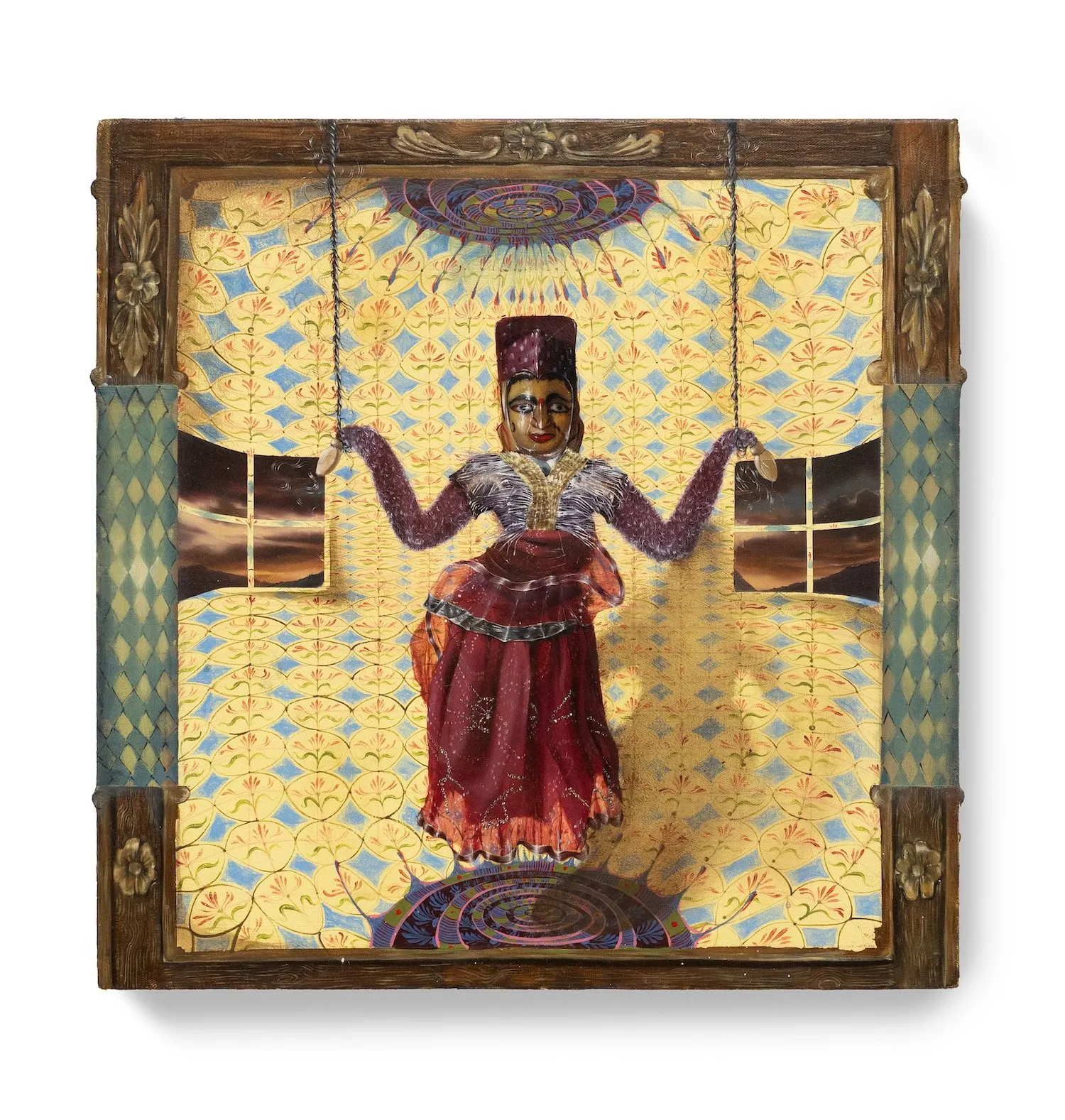 Indian sculpture against cosmological square frame, yellow wallpaper with blue patterns in dreamscape, Paree Rohera's I present to you.