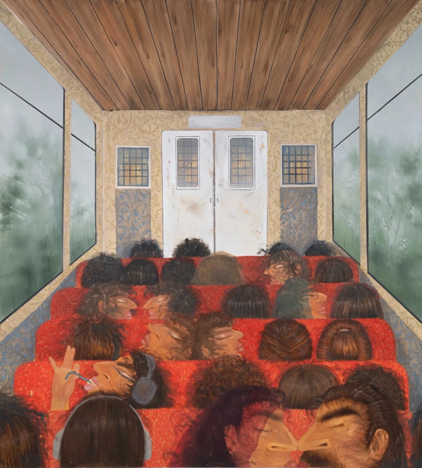 Dark gloomy oil painting of inside the bus that looks like classroom, large green gray window looking outside, people sitting on rows of red seats, Paree Rohera, exit, figurative art.