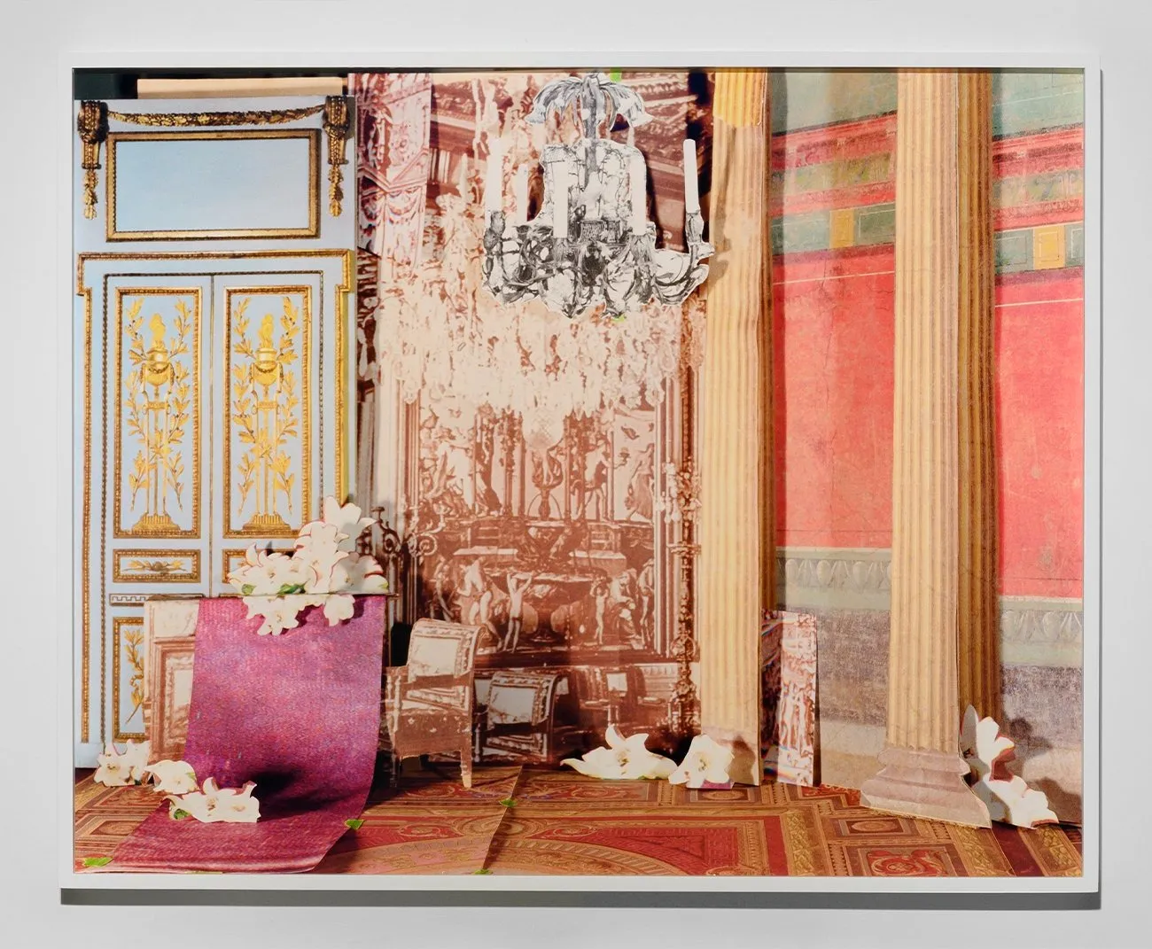 Xi Li, Period Room consider the lilies, Rococo Style vintage interior collage with column and pale blue gilded doors, paper chairs and pink tablecloth with lilies in the foreground.