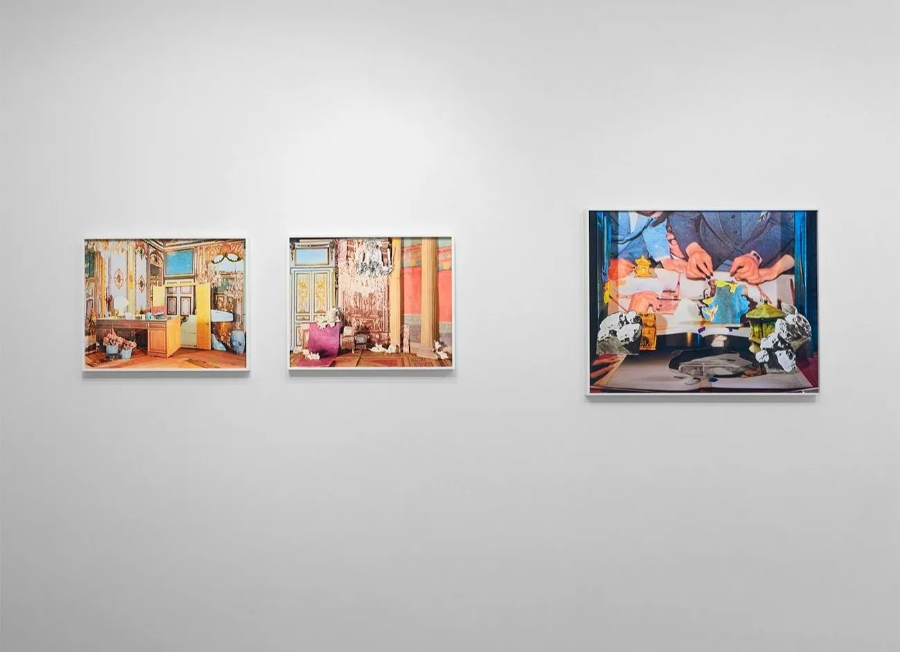 Three photographic collages against the white Gallery wall, someplace, group Exhibition at Latitude gallery, Chinese photographer Xi Li.