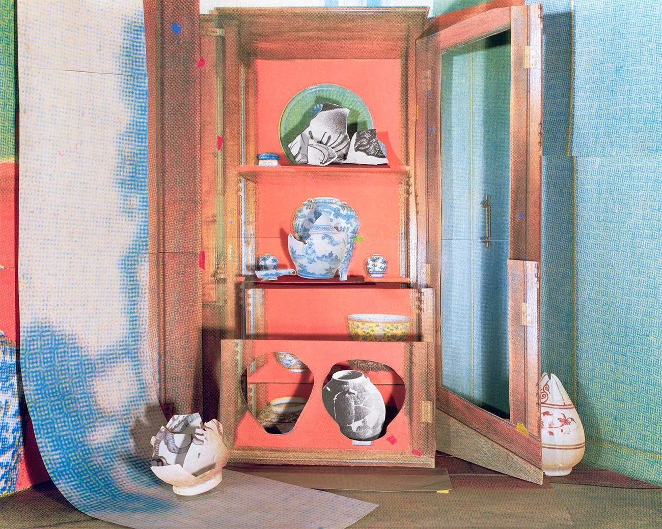 Photographic printed collage of wooden Shelf with broken ancient Chinese ceramics next to a curtain with ripple prints, door to the Shelf is open, spatial manipulation byXi Li, Pond: Artifacts and Hands.