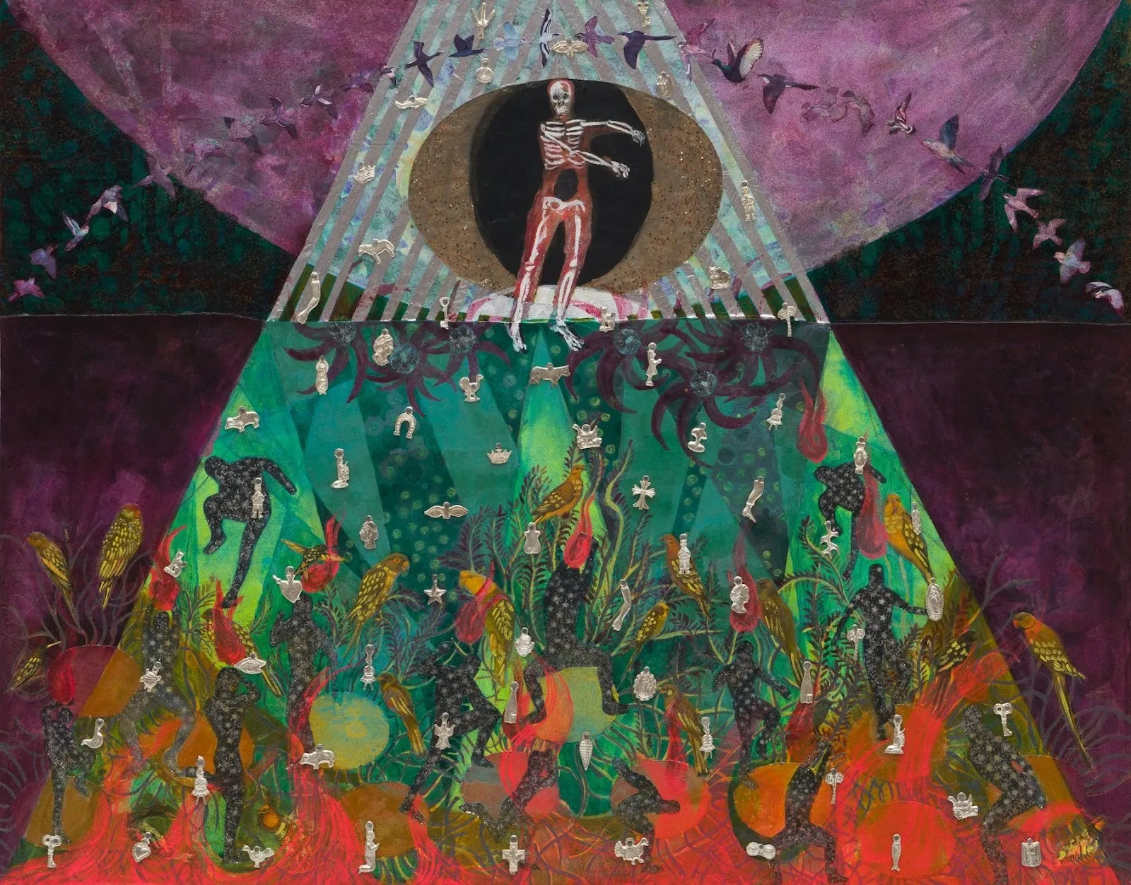 Miguel Martinez, Heaven Let Me In, mixed media purple pink red and green painting, skeleton in front of evil eye with a row of birds floating in the sky, devilish creatures burning in Hell fire underneath.