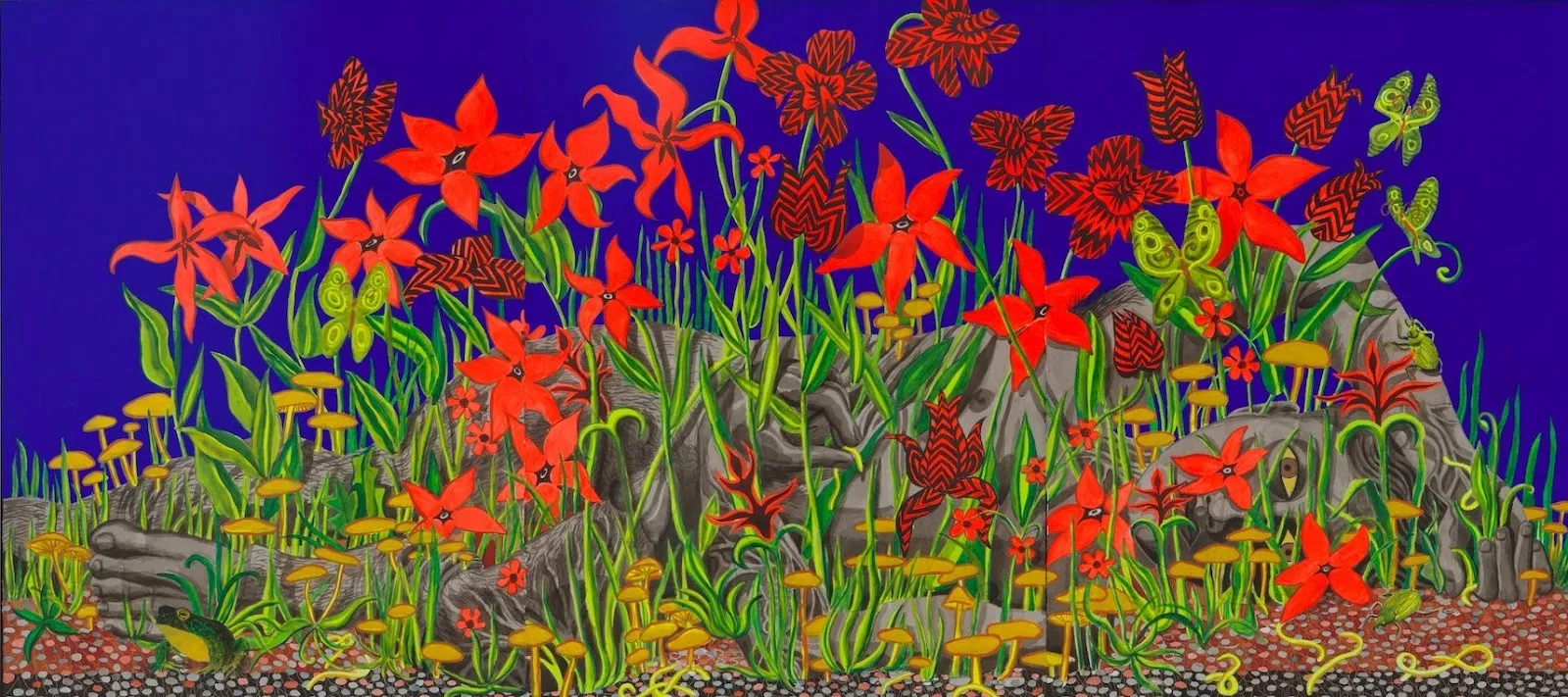 Miguel Martinez, Blades of Grass, Acrylic on paper, triptych, GRIMM Gallery, red flowers with five petals in front of vibrant ultramarine solid background, a figure statue looking like deity hides in the grass or bush amid the flowers.