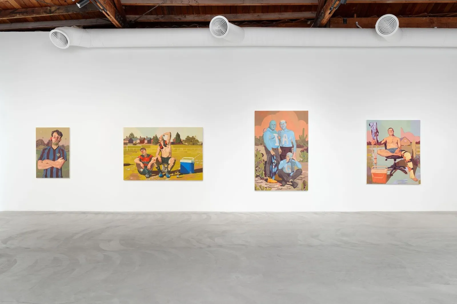 Installation view of Austin Alphonse solo exhibition OASIS, colorful oil paintings of topless men navigating masculinity, objecthood, and homosocial interactions at Vardan Gallery, Los Angeles.