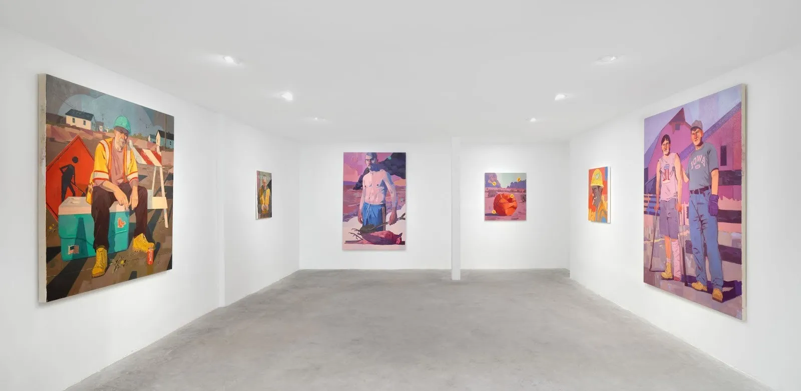 Installation view of Austin Alphonse solo exhibition OASIS, colorful oil paintings of topless men navigating masculinity, objecthood, and homosocial interactions at Vardan Gallery, Los Angeles.