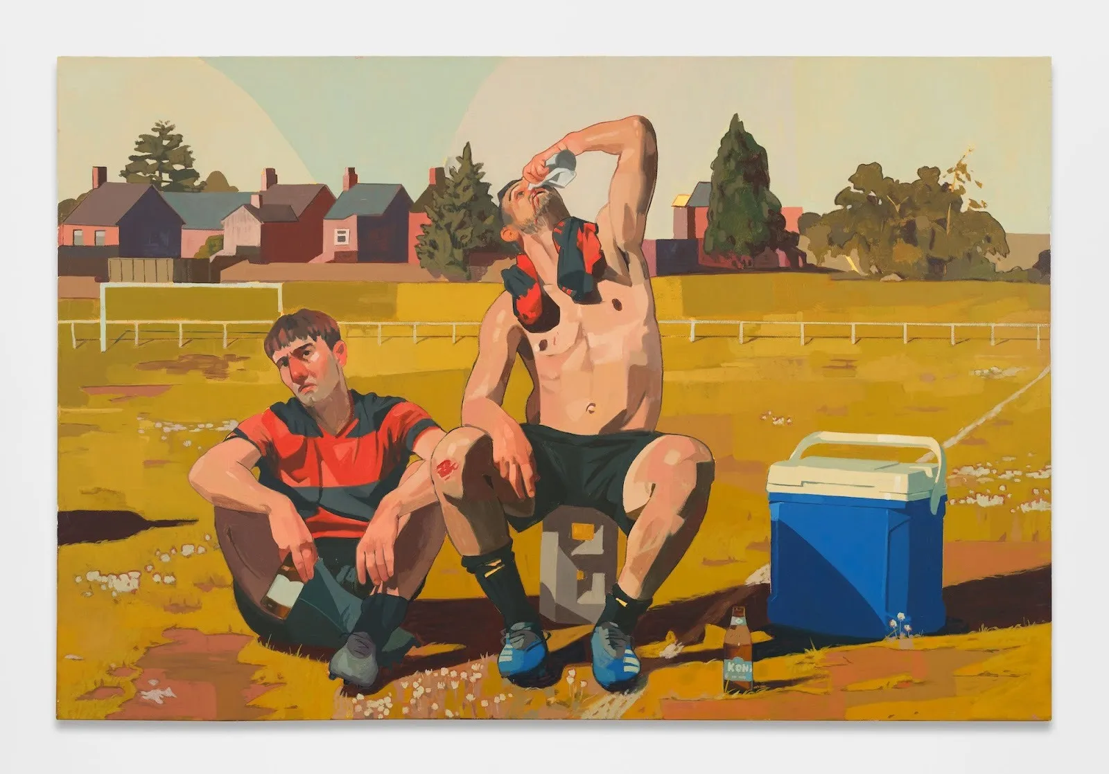 Two men sitting on a golden fall farm, drinking chilled beverage from cooler, one is shirtless and injured by soccer game, the other one wearing soccer red uniform, Sunday League oil painting by Los Angeles artist Austin Alphonse Vardan Gallery.