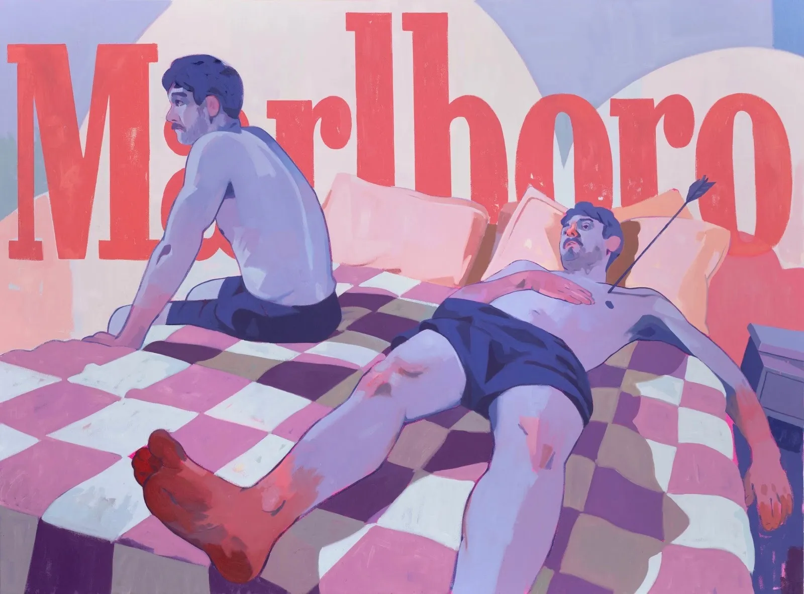 Two topless man painted in pink and purple with Marlboro letter in the background, check her bed sheet and pink pillows, midnight conversations, oil painting by Los Angeles artist Austin Alphonse at Vardan Gallery, OASIS, homosocial interactions.