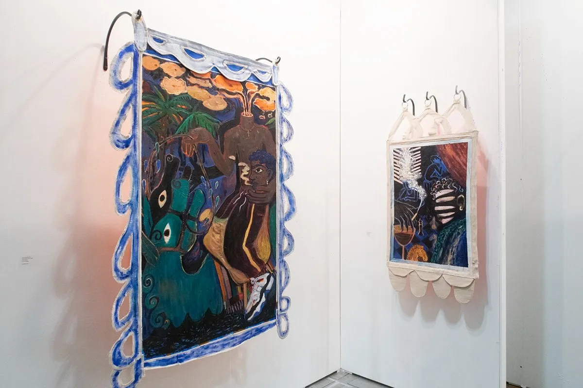 Kayza DeGraff-Ford, art toronto 2024, game of chess and The Headless Rider, two colorful paintings with curly weaved edges mounted on white gallery wall.