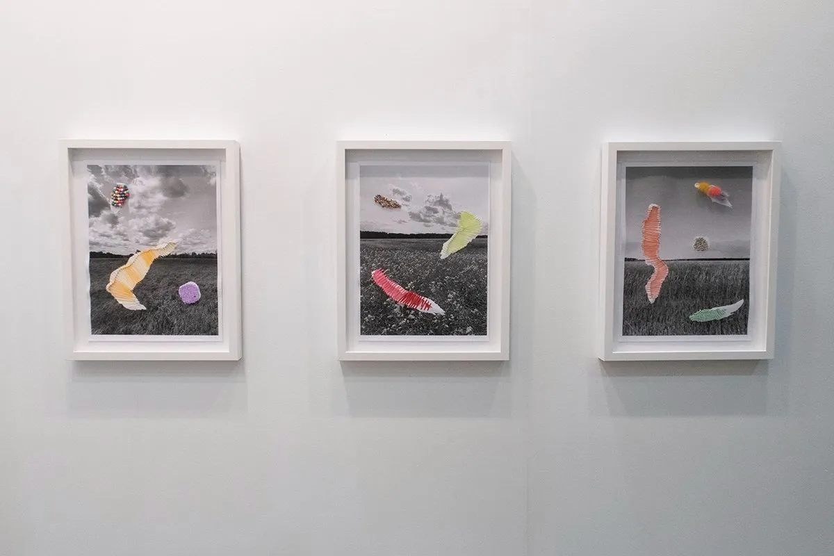 Grayscale photographs of landscape complicated by vibrant colors, Michelle Sound gallery booth at art toronto.