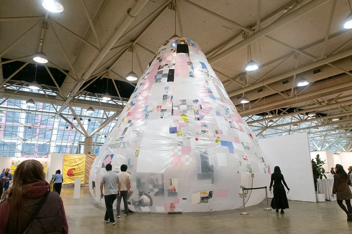 Studio Rat, Plastiscapes, big floor to ceiling dome made of quilted plastics Studio Rat, Plastiscapes, art toronto 2024.