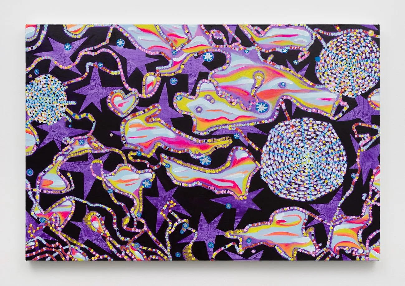 Purple painting with sparkly colorful organic geometry by Kati Gegenheimer, untangling knots the end of endings, passages abstract solo show.