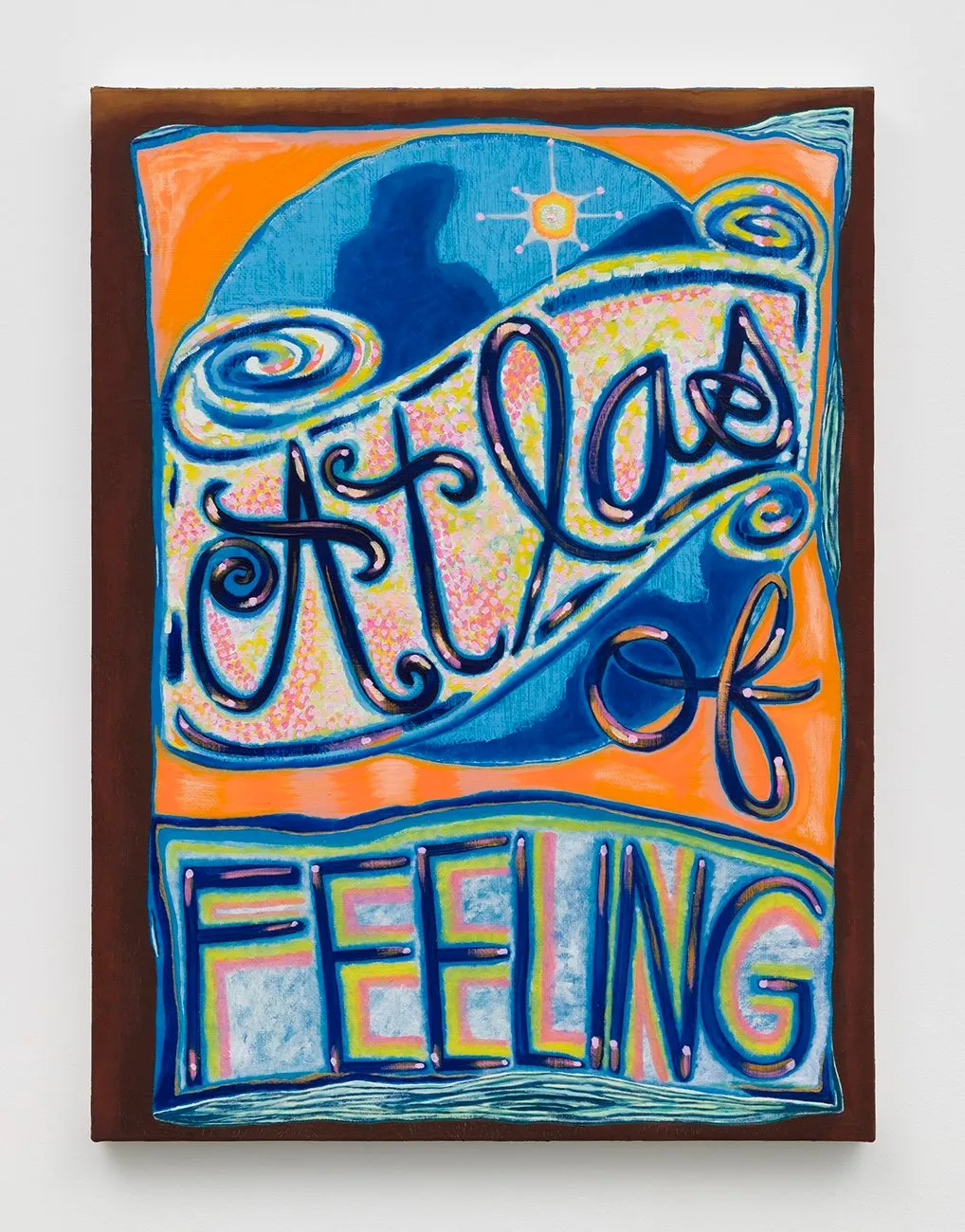 Kati Gegenheimer, Atlas of Feeling, orange and blue painting against wooden background, with letters atlas of feeling in foreground, painting exhibition passages at Kristen Lorello.