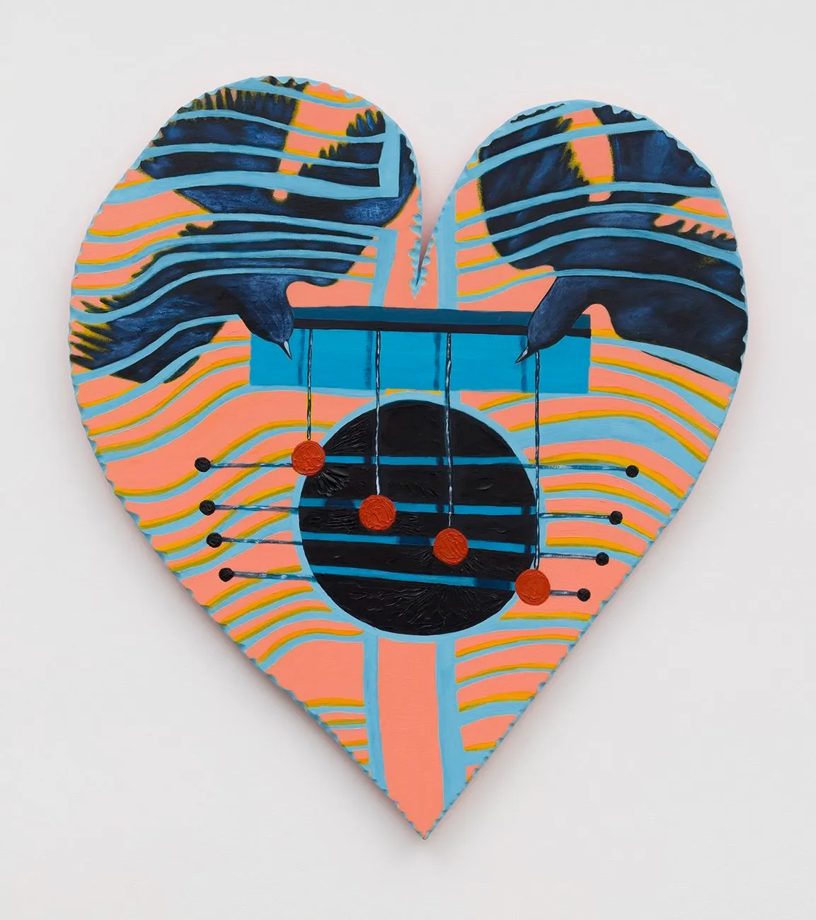 Heart-shaped canvas with orange and blue lines with two birds and four red balls, kati gegenheimer, the door harp players, kristen lorello exhibition passages.