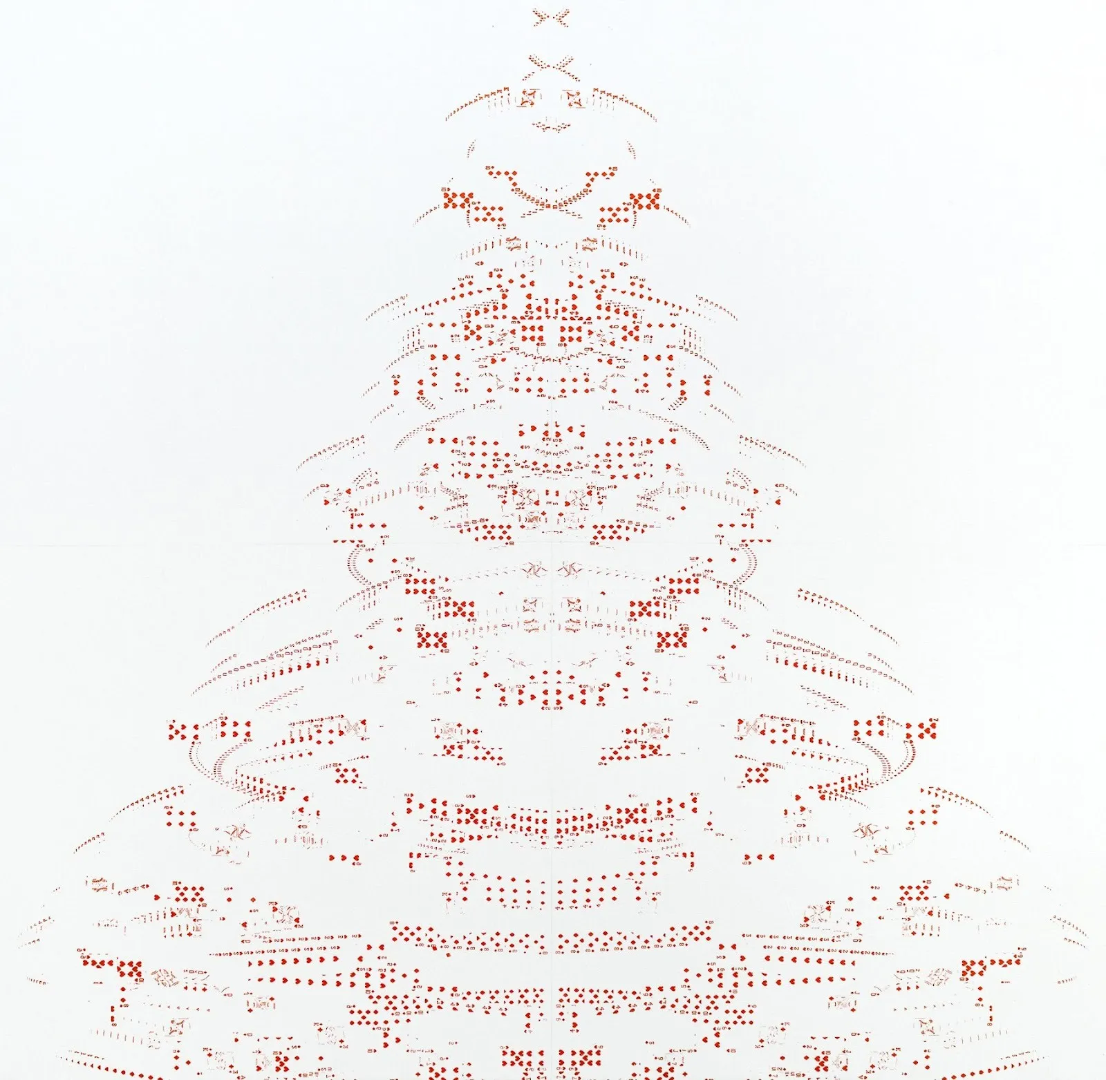 Quan Wenfei, Shuffling-Red Tower, deck of playing cards in solitaire silk screen printed on white canvas.